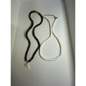 Brown Wooden Brad Necklace With Shark Tooth And White Shell Necklace